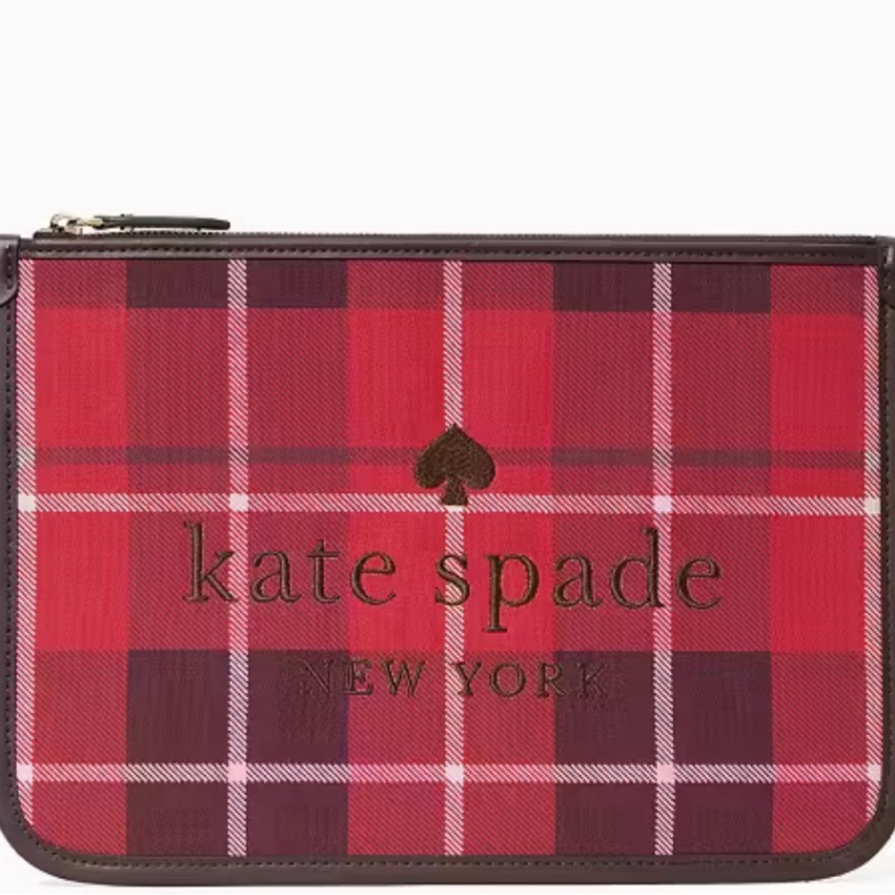 Kate Spade Ella Classic Plaid Burnt Rose Large Zip Pouch Clutch